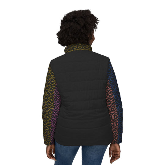 Women’s Puffer Jacket — Multicolor Geometric Sleeve Pattern