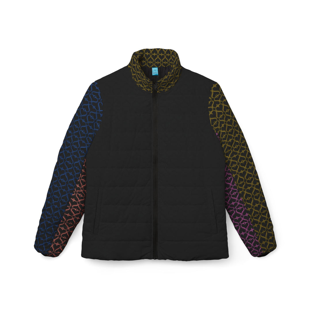 Women’s Puffer Jacket — Multicolor Geometric Sleeve Pattern