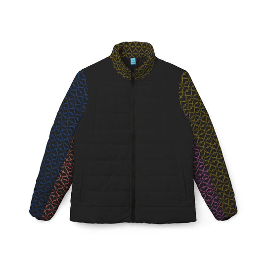 Women’s Puffer Jacket — Multicolor Geometric Sleeve Pattern
