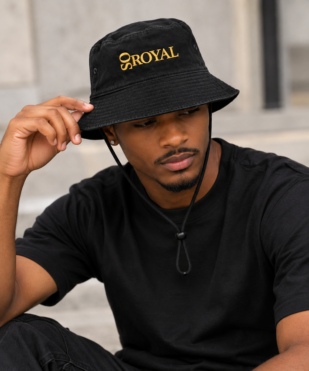 Wide Brim Bucket Hat — "SO ROYAL" Embroidered Outdoor Sun Hat (Unisex, Fishing & Festival Cap)