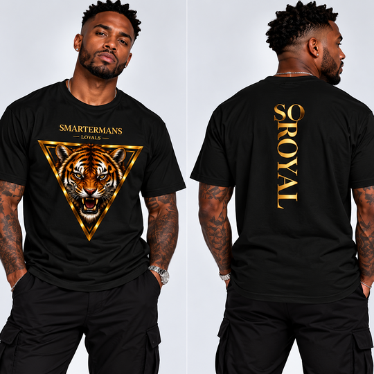 Tiger Triangle Graphic Tee — "Smartermans" Front & "So Royal" Back