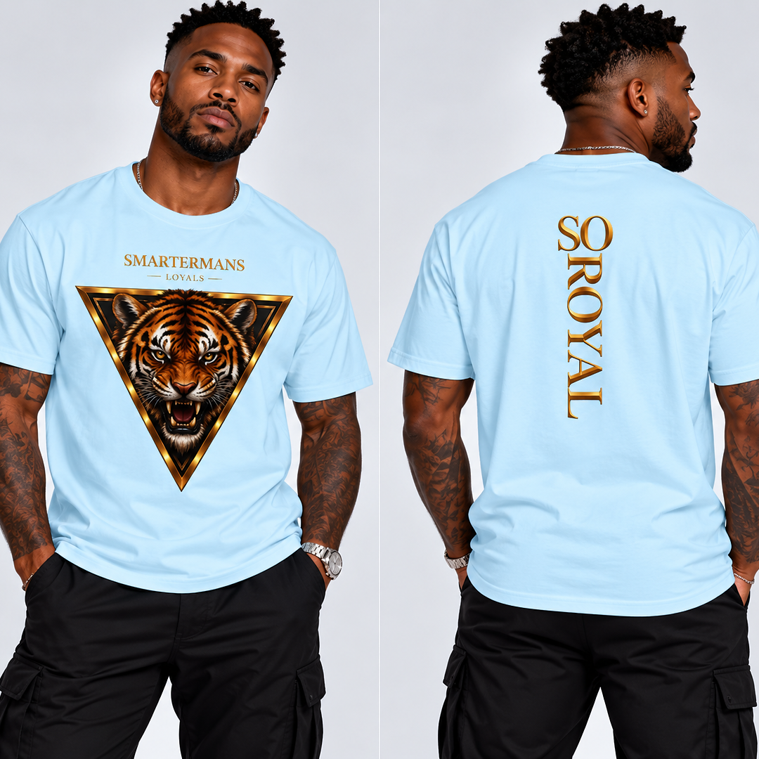 Tiger Triangle Graphic Tee — "Smartermans" Front & "So Royal" Back