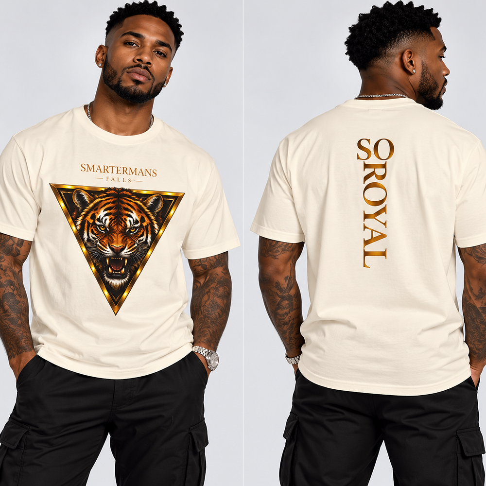 Tiger Triangle Graphic Tee — "Smartermans" Front & "So Royal" Back