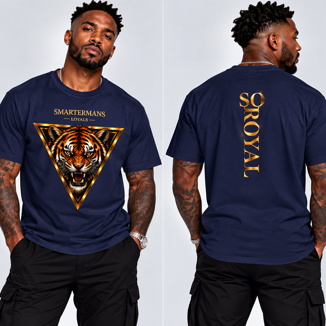 Tiger Triangle Graphic Tee — "Smartermans" Front & "So Royal" Back