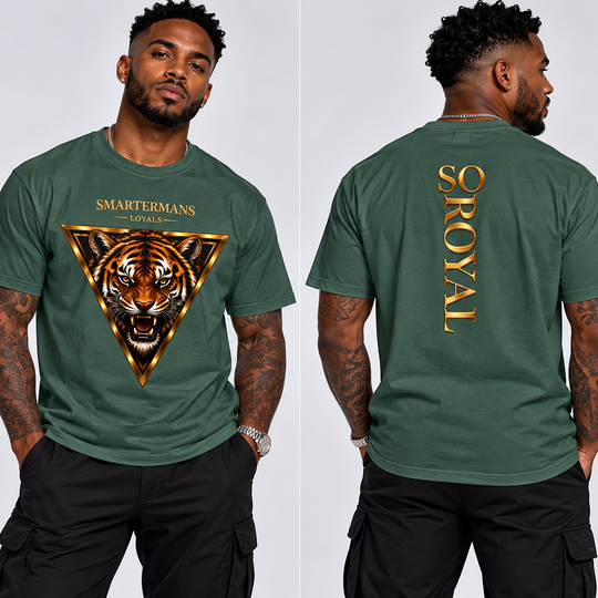 Tiger Triangle Graphic Tee — "Smartermans" Front & "So Royal" Back