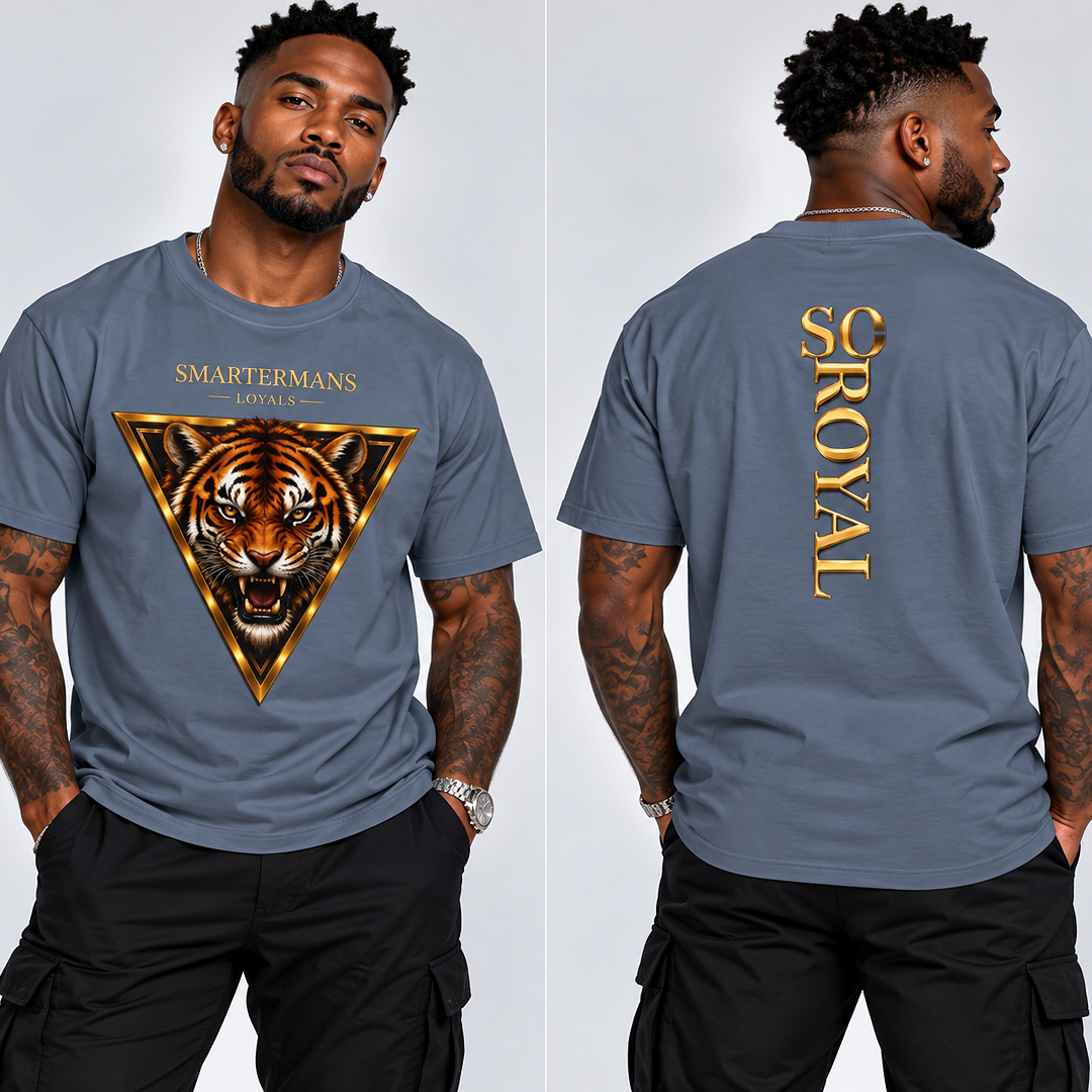 Tiger Triangle Graphic Tee — "Smartermans" Front & "So Royal" Back