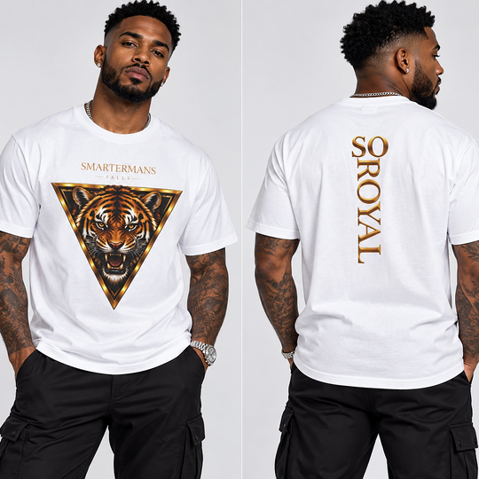 Tiger Triangle Graphic Tee — "Smartermans" Front & "So Royal" Back