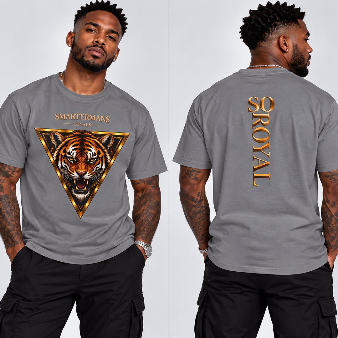 Tiger Triangle Graphic Tee — "Smartermans" Front & "So Royal" Back
