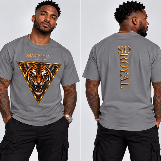 Tiger Triangle Graphic Tee — "Smartermans" Front & "So Royal" Back