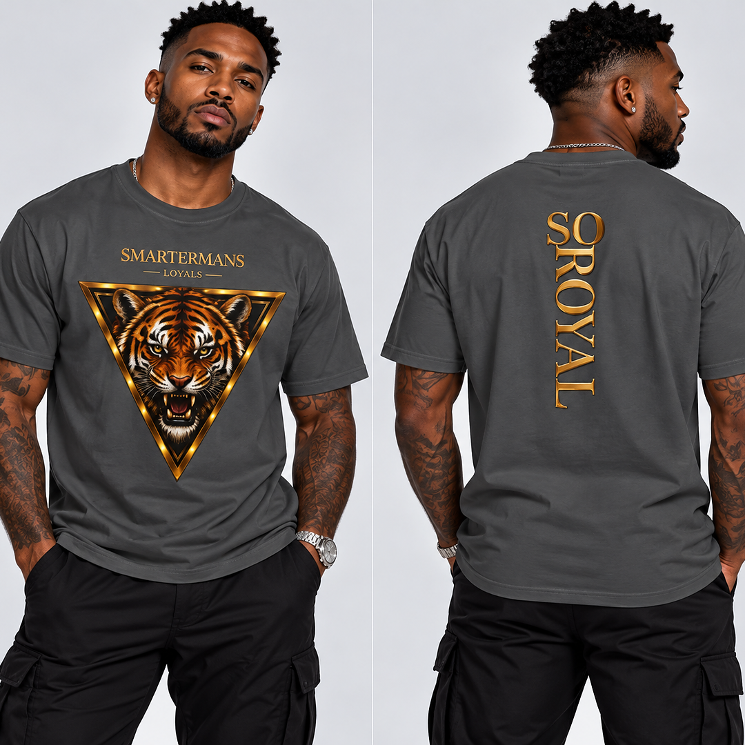Tiger Triangle Graphic Tee — "Smartermans" Front & "So Royal" Back