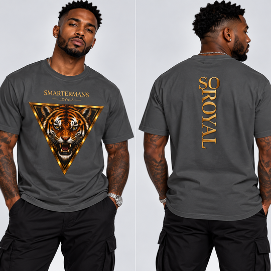 Tiger Triangle Graphic Tee — "Smartermans" Front & "So Royal" Back
