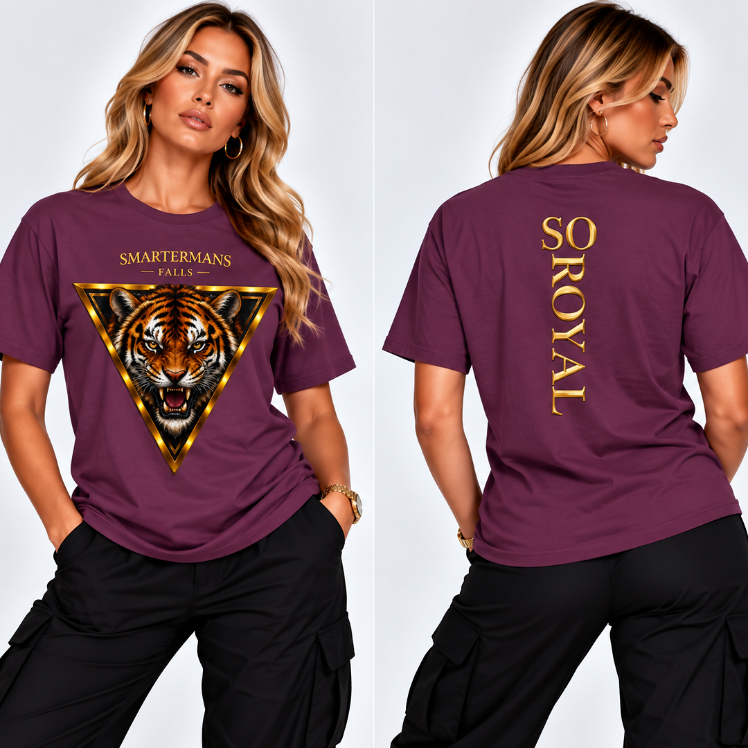 Tiger Triangle Graphic Tee — "Smartermans" Front & "So Royal" Back