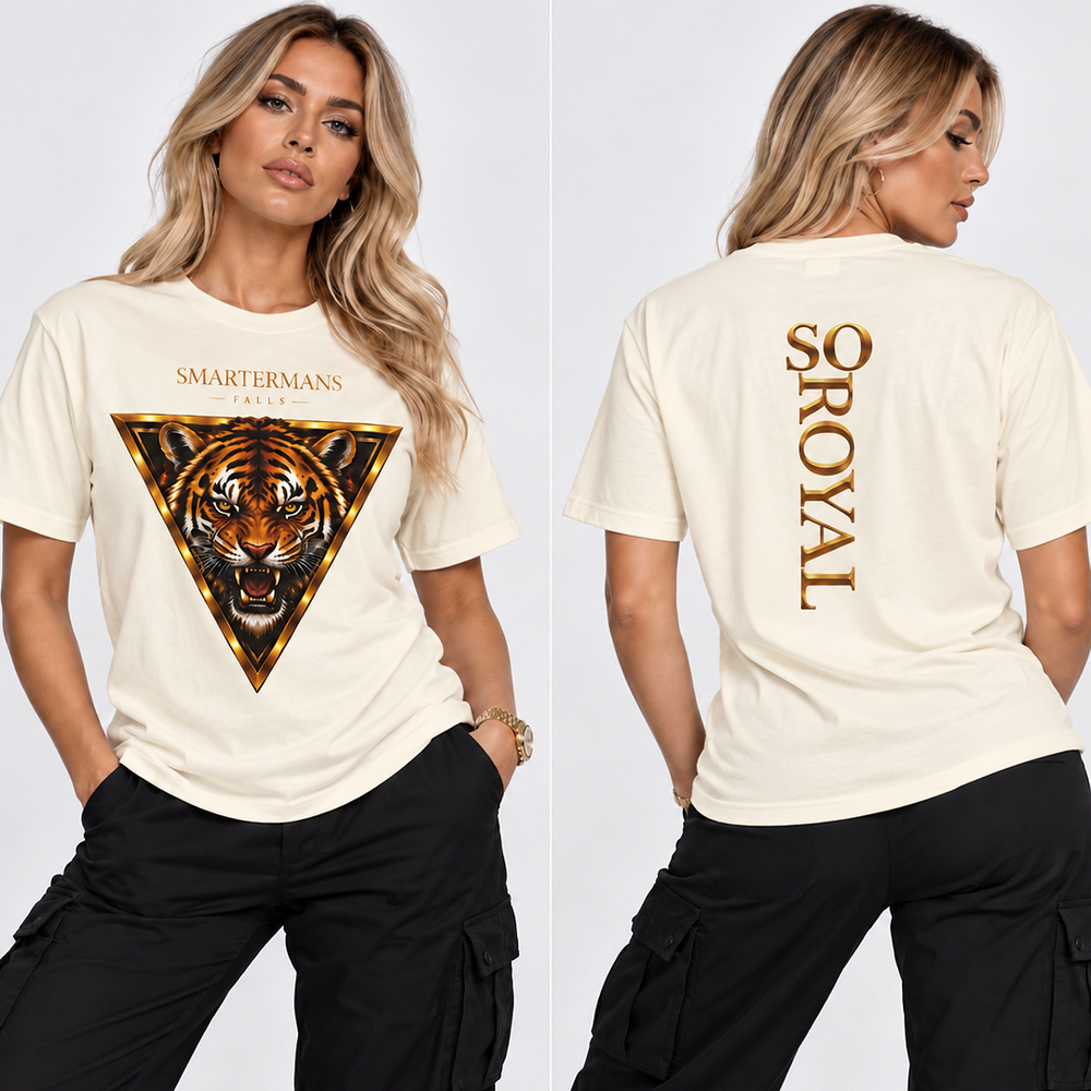 Tiger Triangle Graphic Tee — "Smartermans" Front & "So Royal" Back