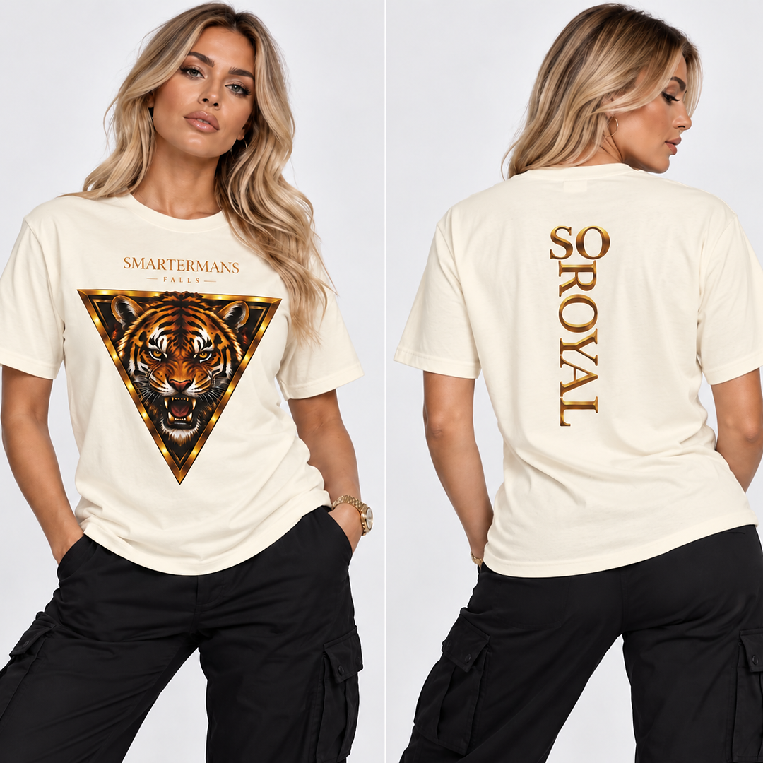 Tiger Triangle Graphic Tee — "Smartermans" Front & "So Royal" Back