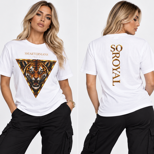 Tiger Triangle Graphic Tee — "Smartermans" Front & "So Royal" Back