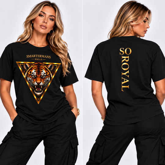 Tiger Triangle Graphic Tee — "Smartermans" Front & "So Royal" Back