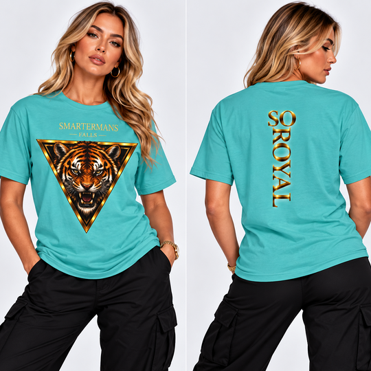 Tiger Triangle Graphic Tee — "Smartermans" Front & "So Royal" Back
