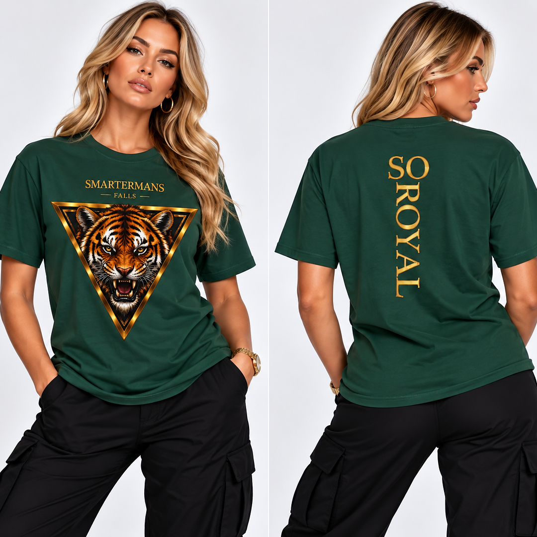 Tiger Triangle Graphic Tee — "Smartermans" Front & "So Royal" Back