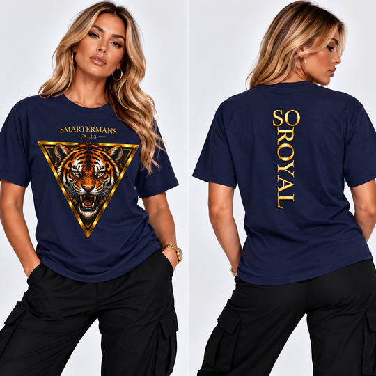 Tiger Triangle Graphic Tee — "Smartermans" Front & "So Royal" Back