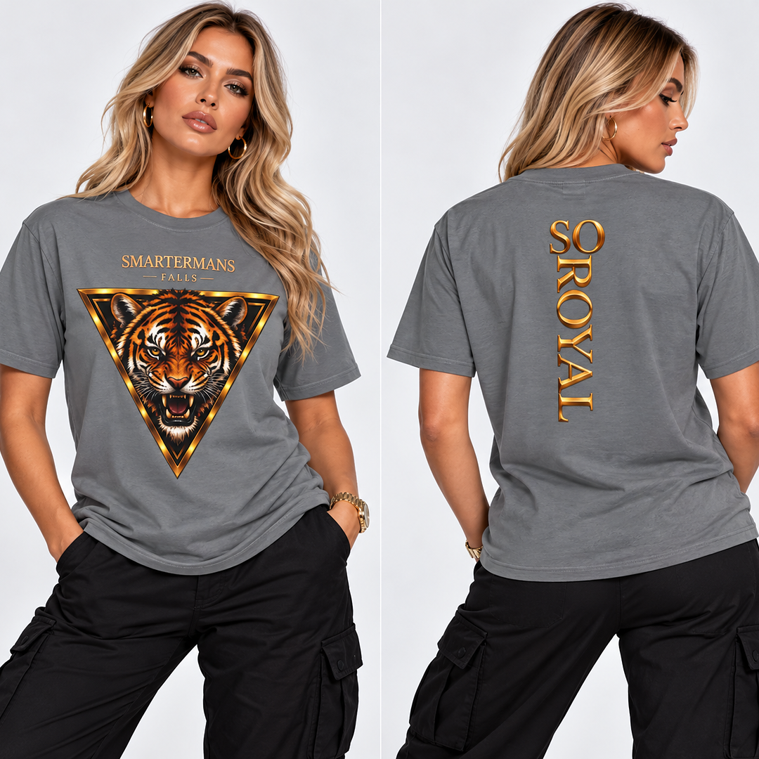 Tiger Triangle Graphic Tee — "Smartermans" Front & "So Royal" Back