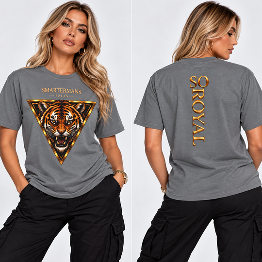 Tiger Triangle Graphic Tee — "Smartermans" Front & "So Royal" Back