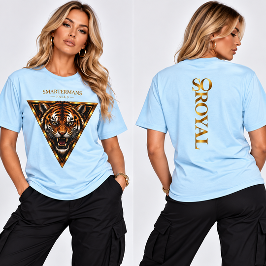 Tiger Triangle Graphic Tee — "Smartermans" Front & "So Royal" Back