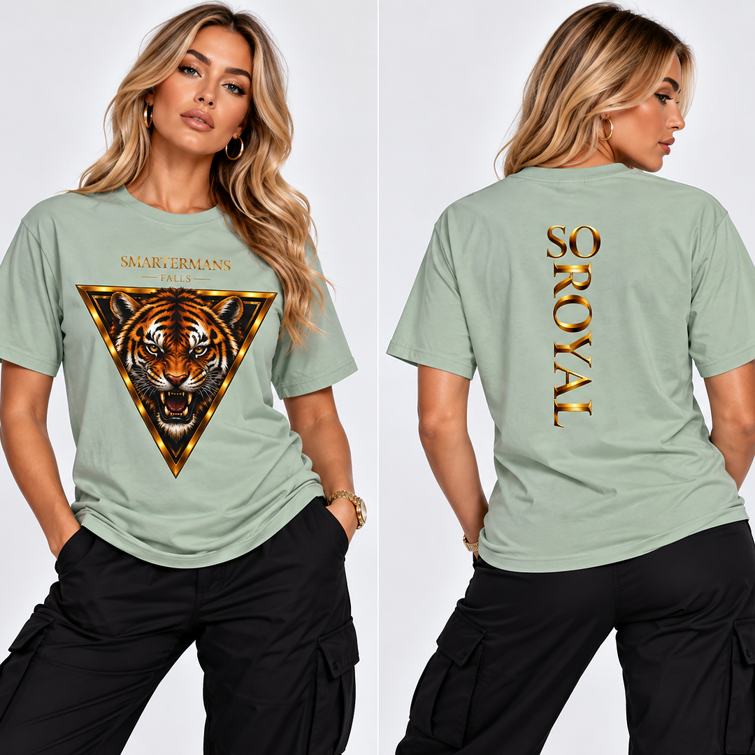 Tiger Triangle Graphic Tee — "Smartermans" Front & "So Royal" Back