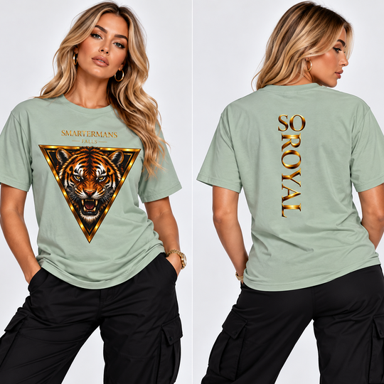 Tiger Triangle Graphic Tee — "Smartermans" Front & "So Royal" Back