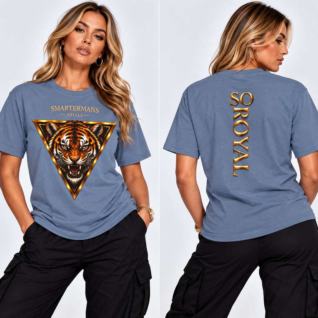 Tiger Triangle Graphic Tee — "Smartermans" Front & "So Royal" Back