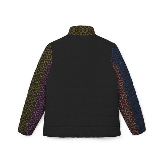 Women’s Puffer Jacket — Multicolor Geometric Sleeve Pattern