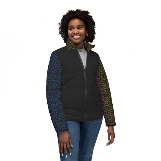 Women’s Puffer Jacket — Multicolor Geometric Sleeve Pattern
