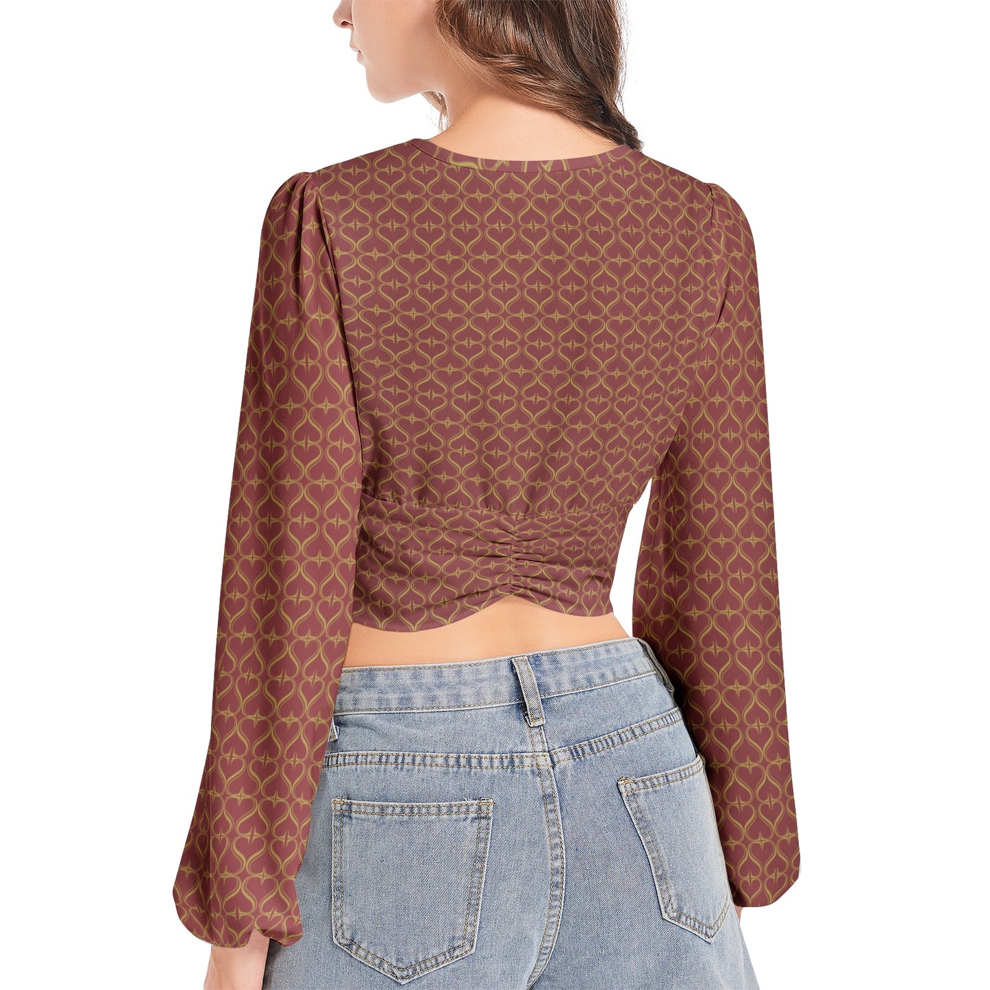 Women's Deep V-Neck Lantern Sleeve Crop Top